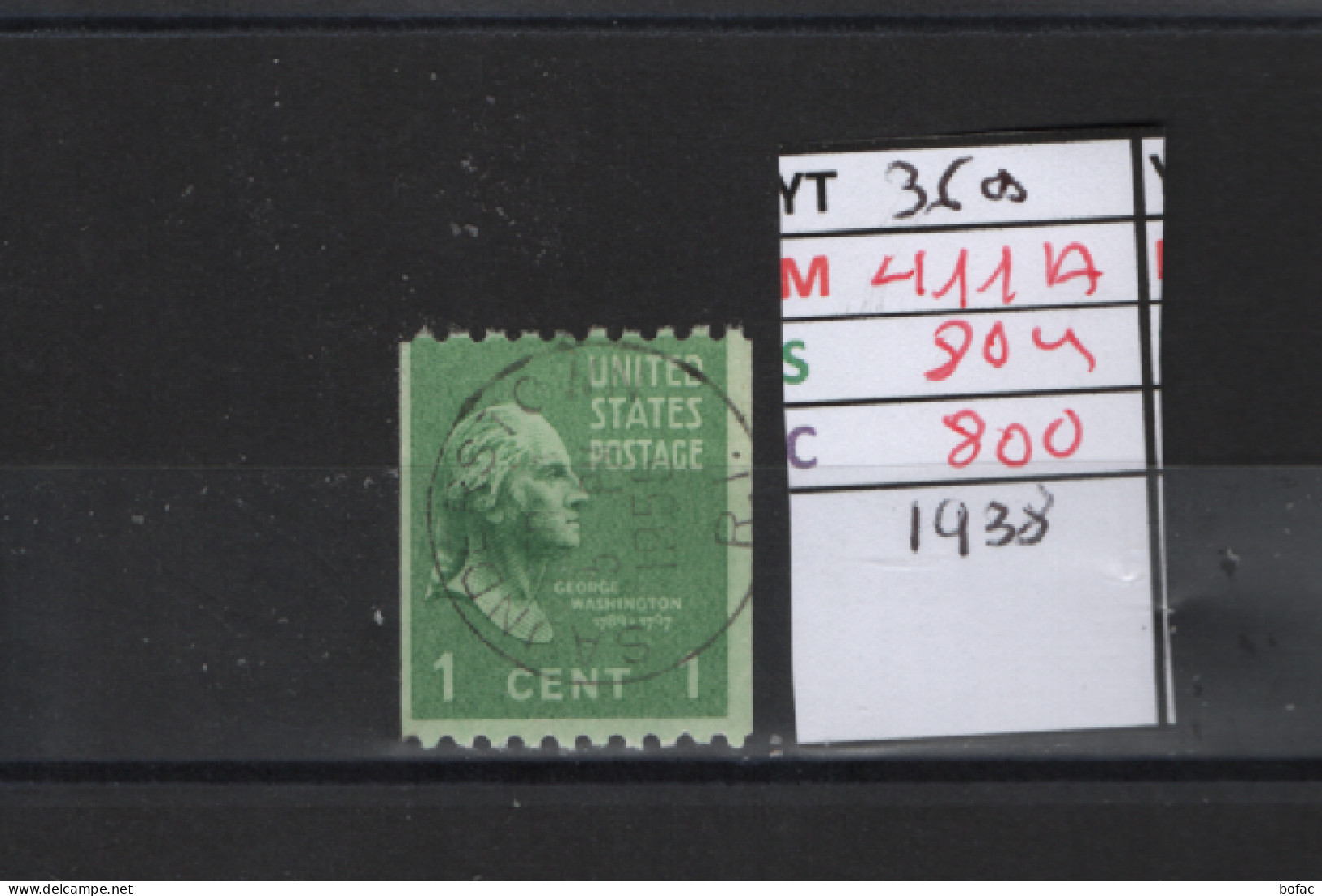 PRIX FIXE Obl 369 YT 411A MIC SCO GIB George Washington  1938 Etats Unis 58A/02  Dentelée Horizontalement - Used Stamps