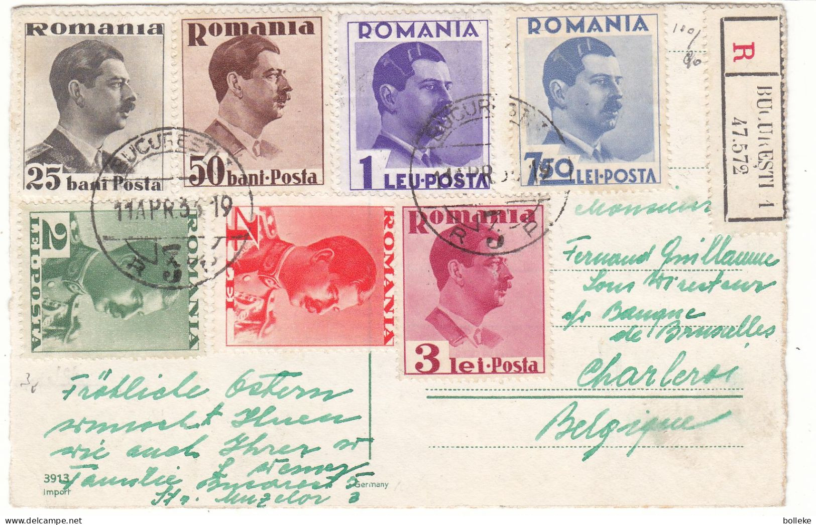 Roumanie - Carte Postale Recom De 1935 - Oblit Bucuresti - Exp Vers Charleroi - - Cartas & Documentos