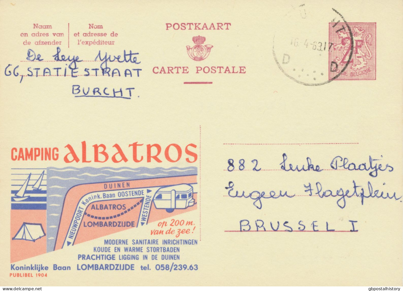 BELGIUM VILLAGE POSTMARKS  BURCHT D (now Zwijndrecht) SC With Dots 1963 (Postal Stationery 2 F, PUBLIBEL 1904) - Punktstempel