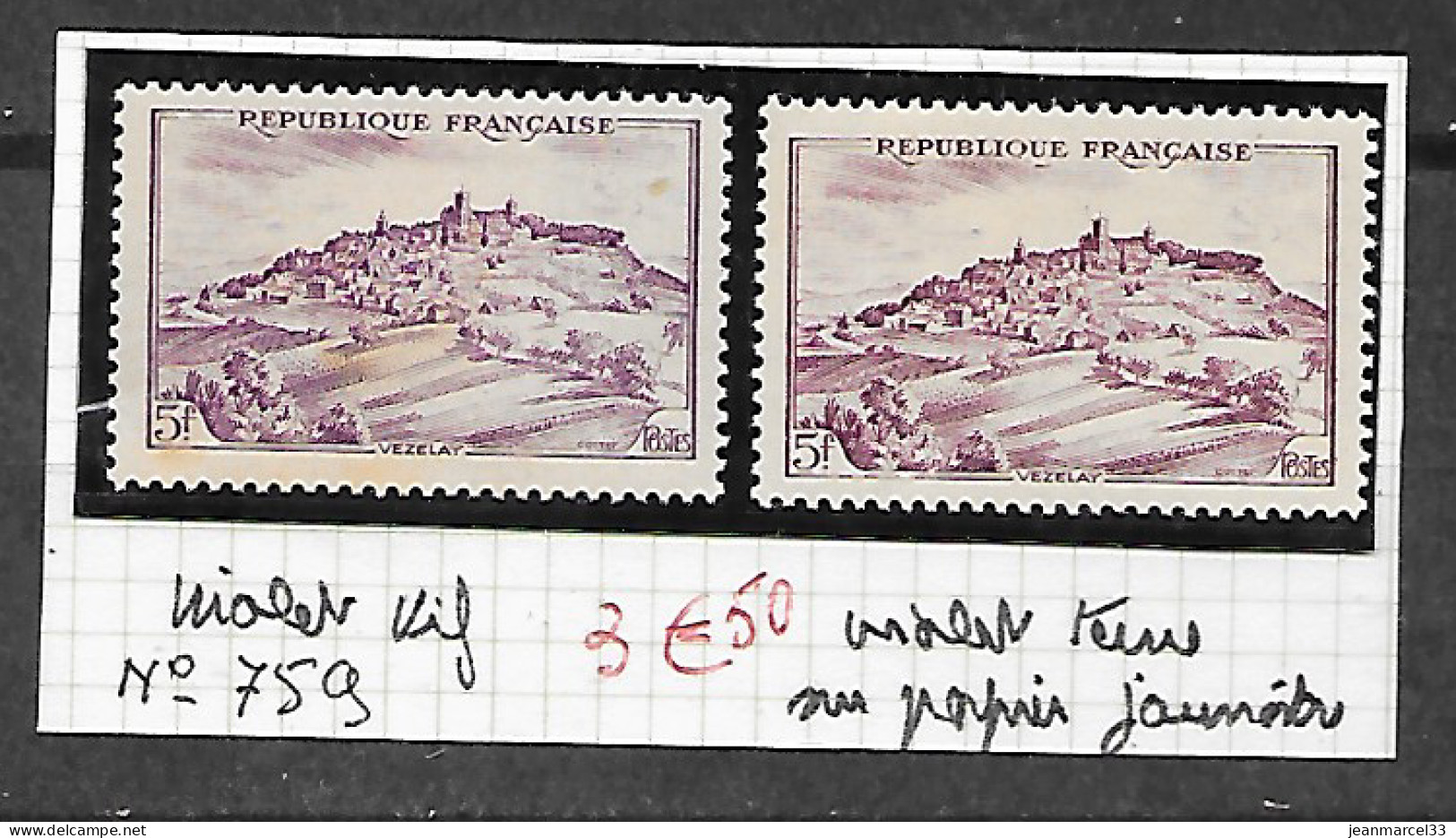 Variété Sur Le N° 759 Violet Vif Et Violet Terne Papier Jaunâtre, Neuf Charnière Quelques Taches Brunes - Unused Stamps