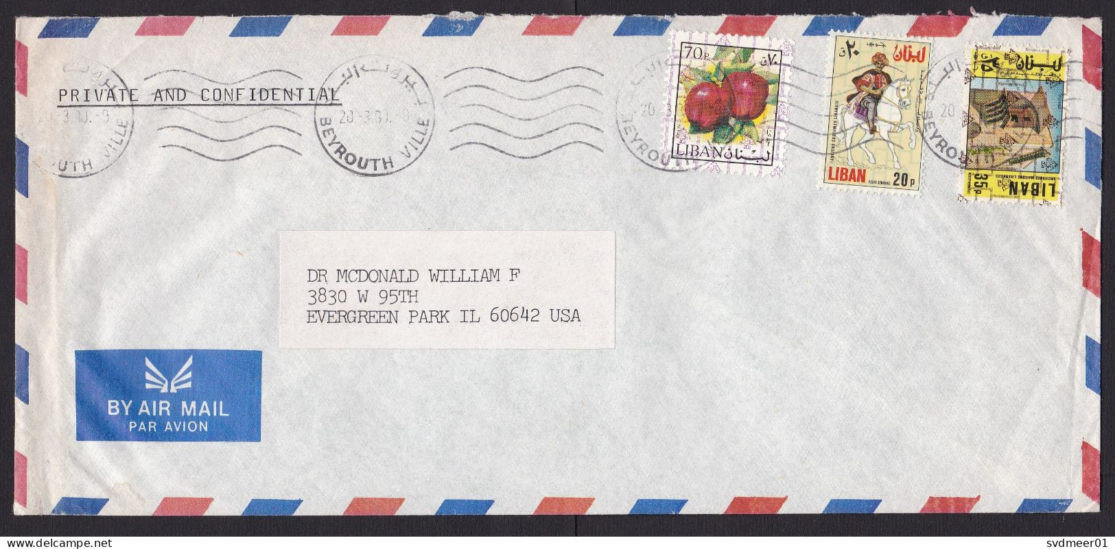 Lebanon: Airmail Cover To USA, 1988, 3 Stamps, Fruit, Horse, Architecture, Heritage, Security Overprint (stain At Left) - Lebanon