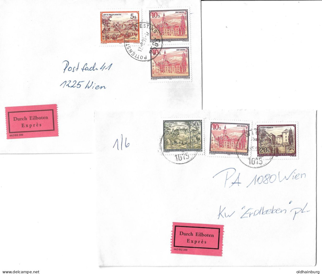 0503p: Österreich- Bedarfsbriefe Expressbeförderung 2 Frankatur- Varianten Der 10.- Freimarke Stift Wilten - Storia Postale