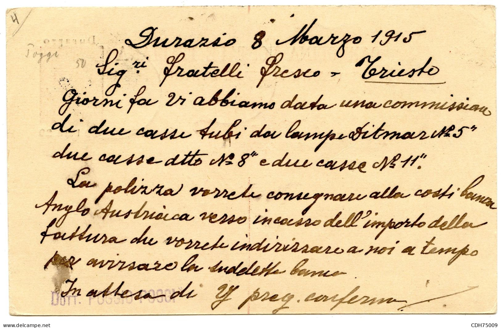 ITALIE - CARTE POSTALE 10C LEONI DE DURAZZO POUR TRIESTE, 1915 - Albanië