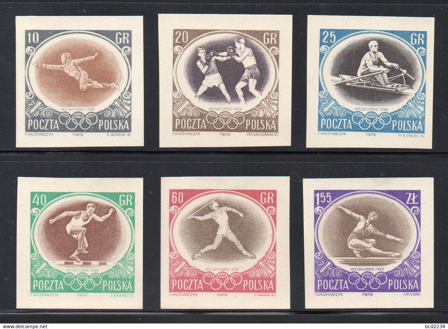 POLAND 1956 RARE SLANIA AUSTRALIA MELBOURNE OLYMPICS 6 SINGLE COLOUR PROOFS SPORTS BOXING ROWING FENCING JAVELIN HURDLES - Proofs & Reprints
