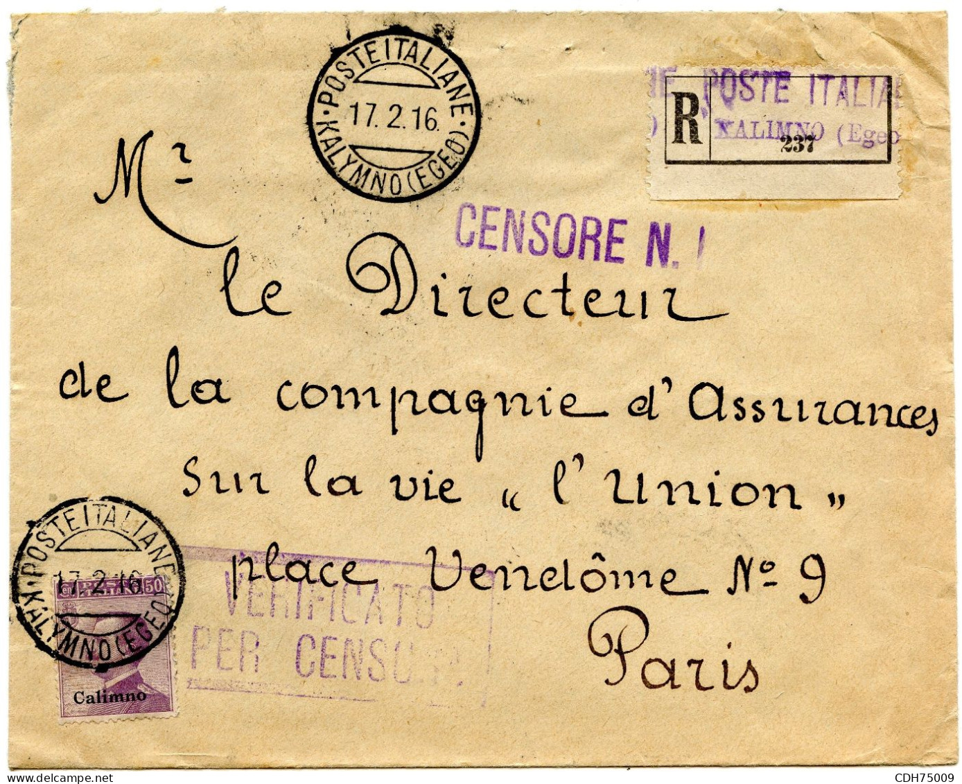 ITALIE - LETTRE RECOMMANDEE CENSUREE DE CALIMNO POUR LA FRANCE, 1916 - Egée