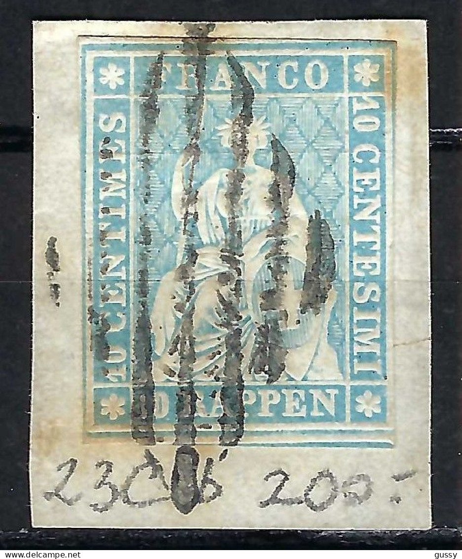 SUISSE Ca.1856-57: Le ZNr. 23Cb, 3 Marges Obl. "grille à 7 Barres" Bleu Pâle Forte Cote - Gebraucht