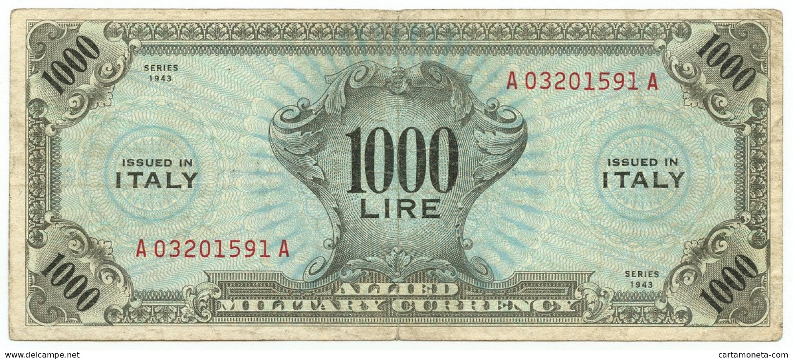 1000 LIRE OCCUPAZIONE AMERICANA IN ITALIA MONOLINGUA FLC 1943 BB- - Geallieerde Bezetting Tweede Wereldoorlog