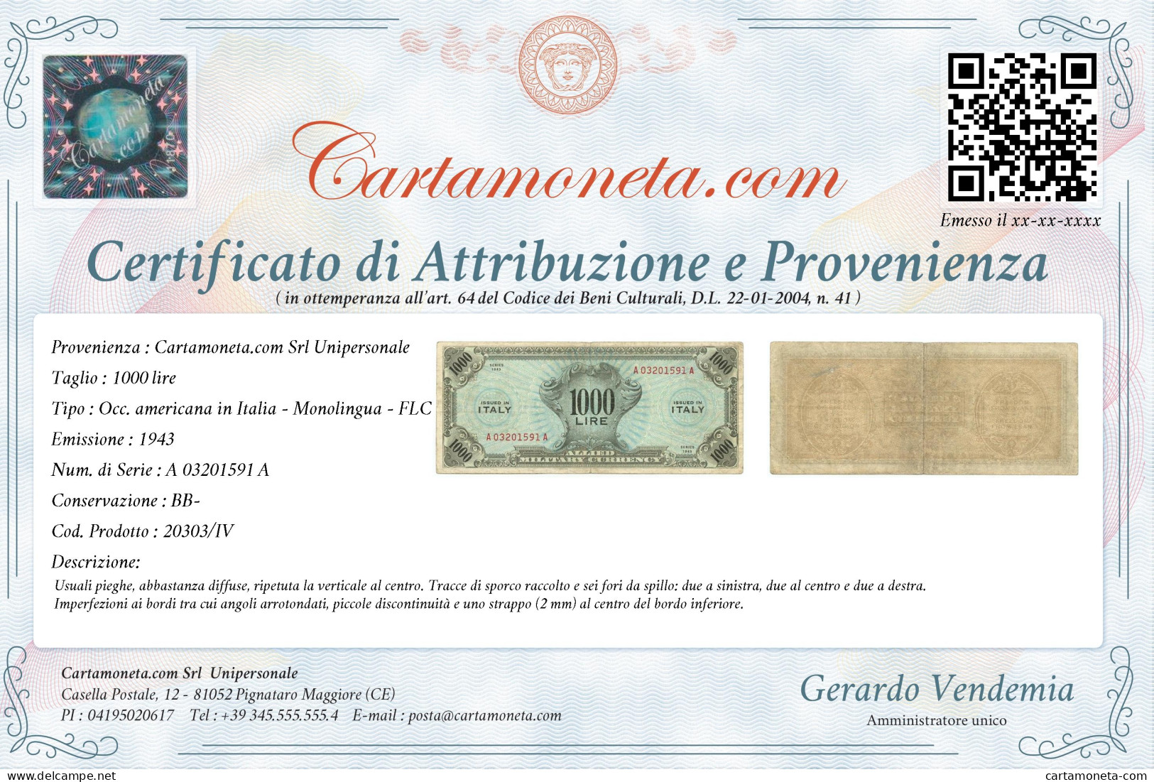 1000 LIRE OCCUPAZIONE AMERICANA IN ITALIA MONOLINGUA FLC 1943 BB- - 2. WK - Alliierte Besatzung