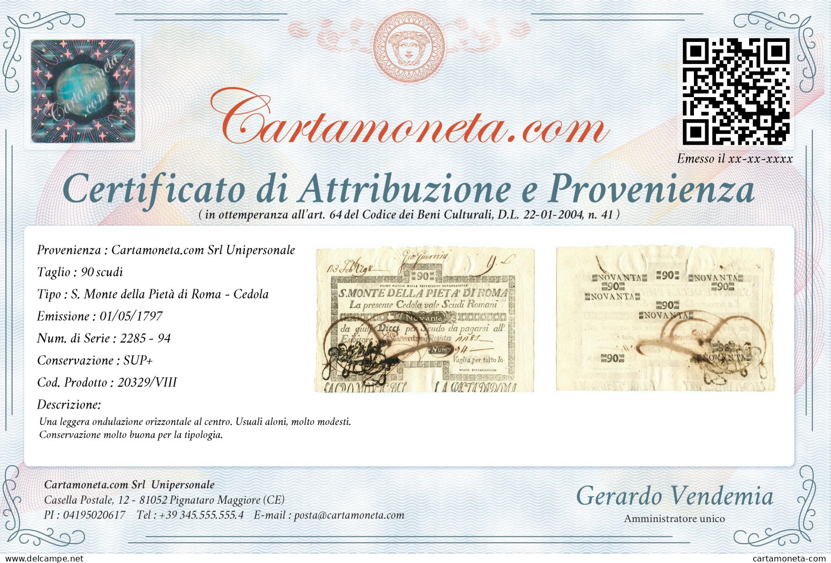 90 SCUDI CEDOLA SACRO MONTE DELLA PIETÀ DI ROMA 01/05/1797 SUP+ - Other & Unclassified