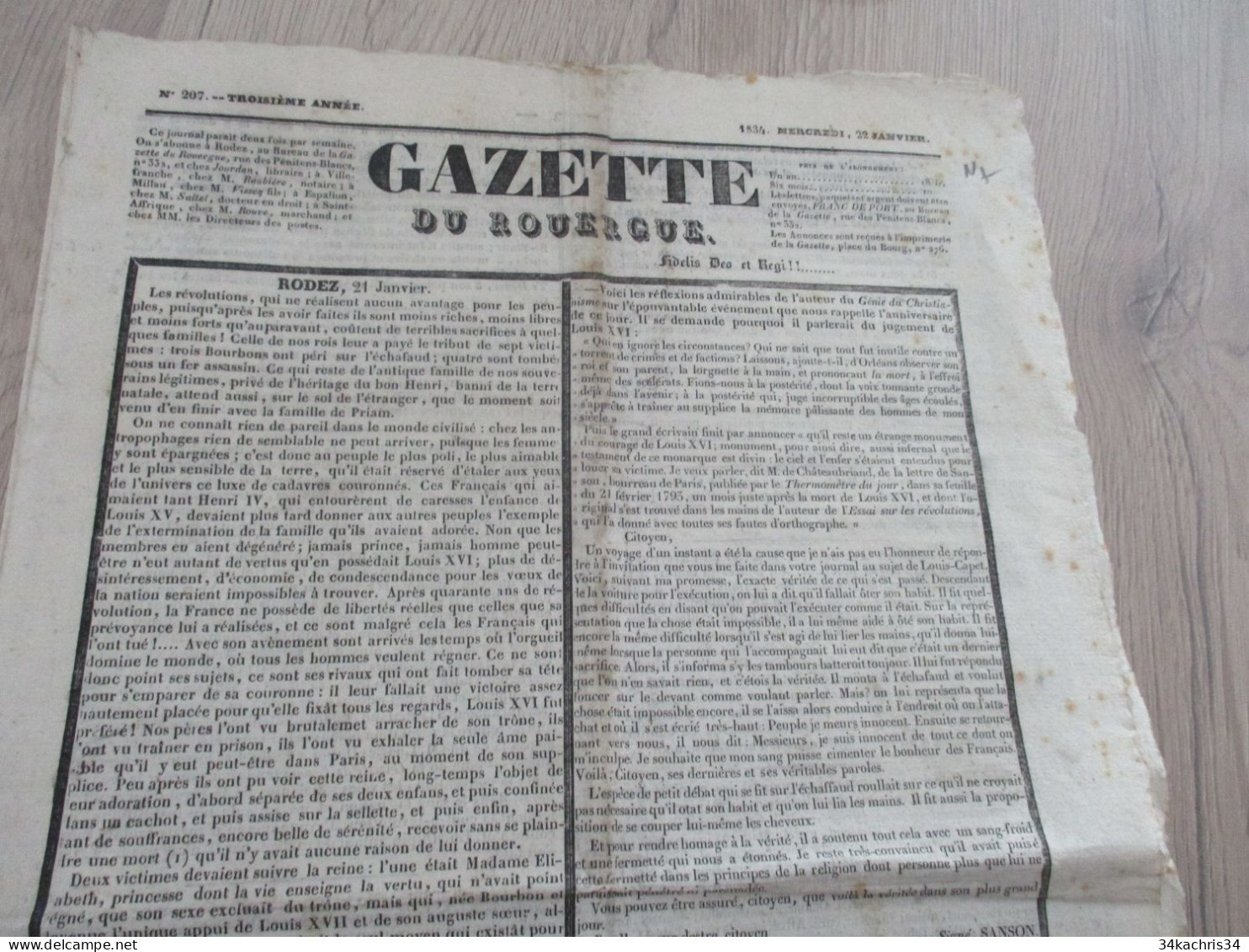 N7  Gazette Du Rouergue 1834 N°207 à Propos Révolutions, Vote De Louis Philippe.... - 1800 - 1849