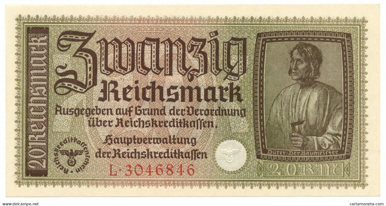 20 REICHSMARK OCCUPAZIONE TEDESCA ITALIA REICHSKREDITKASSEN 1943 FDS - 2. WK - Alliierte Besatzung