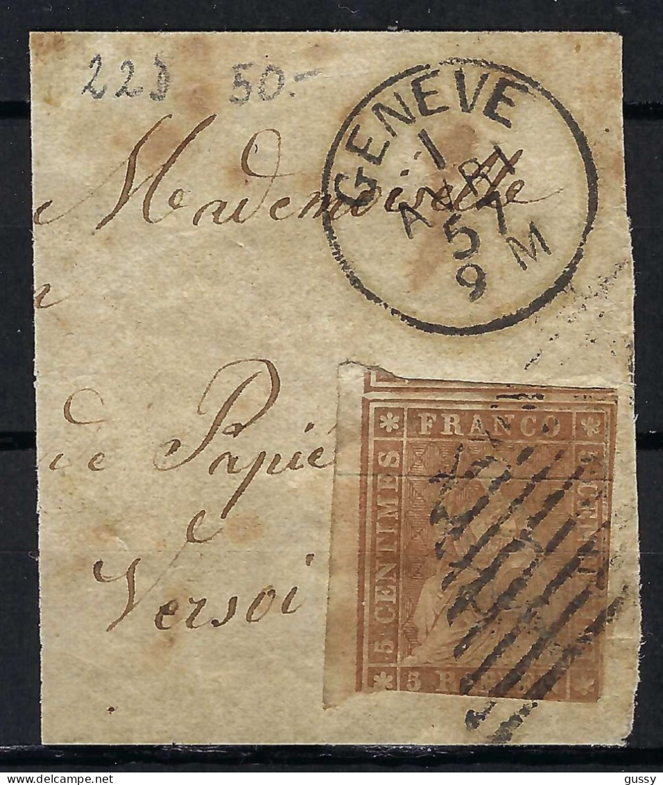SUISSE Ca.1857: Le ZNr. 22D, 3 Marges 2 Voisins, Obl. "grille à 9 Barres" Sur Fragment, Forte Cote - Gebraucht