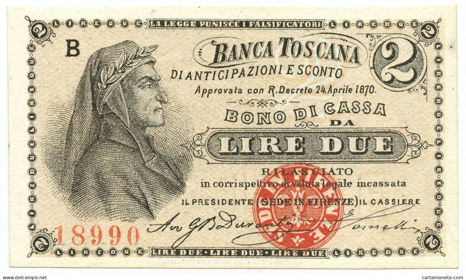 2 LIRE BANCA TOSCANA DI ANTICIPAZIONI E SCONTO FIRENZE 24/04/1870 QFDS - Other & Unclassified