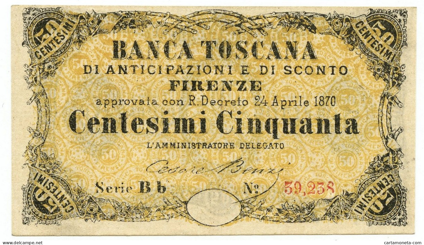 50 CENTESIMI BANCA TOSCANA DI ANTICIPAZIONE E SCONTO FIRENZE 24/04/1870 SUP+ - Other & Unclassified