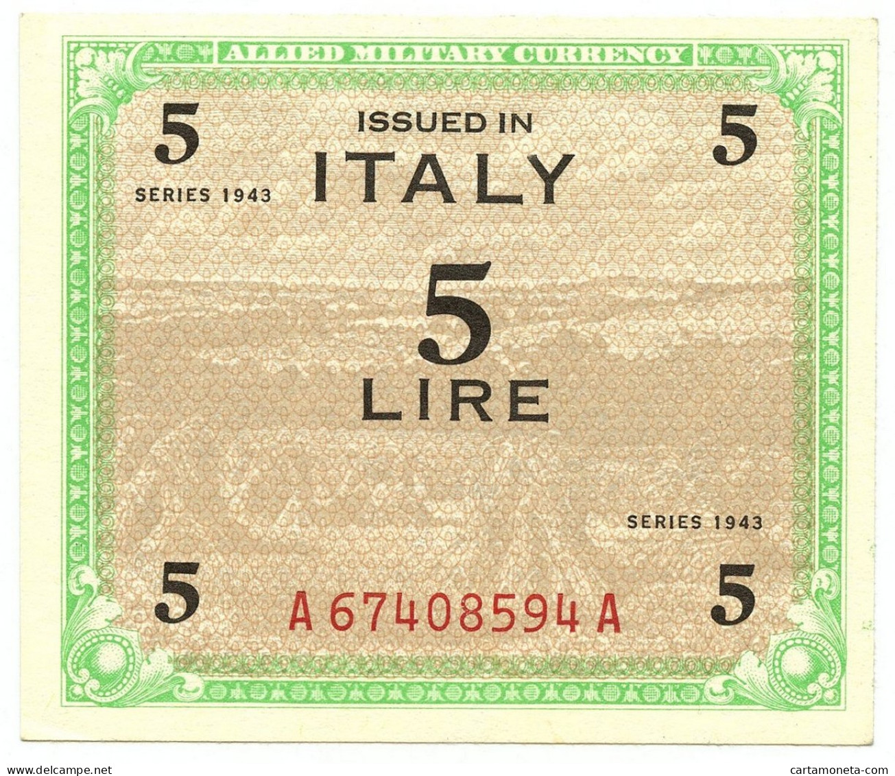 5 LIRE OCCUPAZIONE AMERICANA IN ITALIA MONOLINGUA FLC 1943 SUP+ - Geallieerde Bezetting Tweede Wereldoorlog