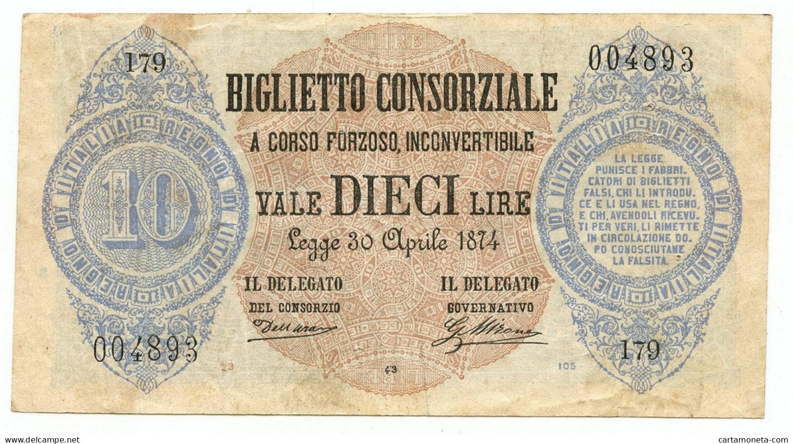 10 LIRE BIGLIETTO CONSORZIALE REGNO D'ITALIA 30/04/1874 BB/BB+ - Biglietto Consorziale