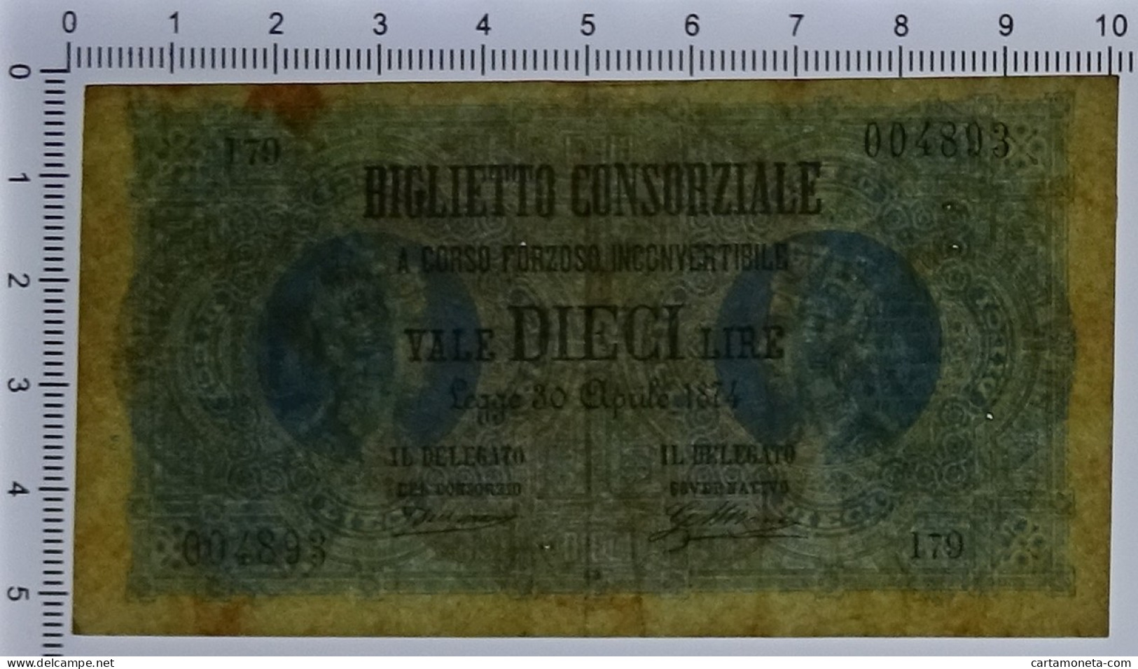 10 LIRE BIGLIETTO CONSORZIALE REGNO D'ITALIA 30/04/1874 BB/BB+ - Biglietto Consorziale