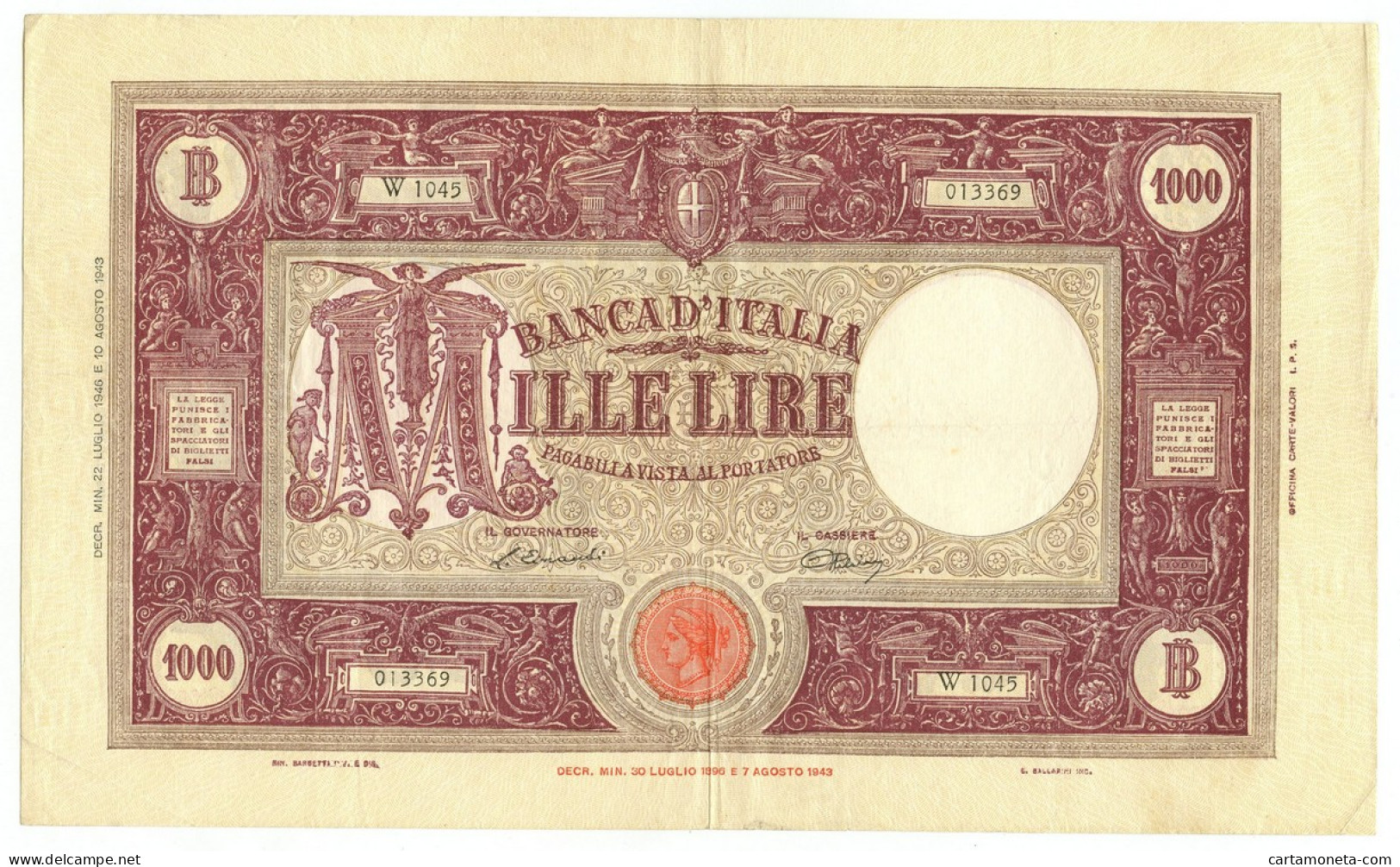 1000 LIRE BARBETTI GRANDE M TESTINA BI REPUBBLICA ITALIANA 22/07/1946 BB+ - Andere & Zonder Classificatie