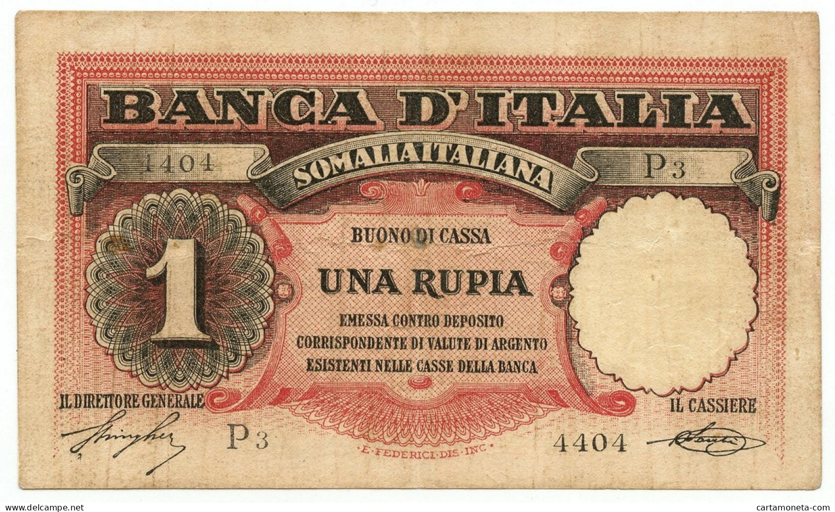 1 RUPIA COLONIA ITALIANA DELLA SOMALIA BANCA D'ITALIA 08/09/1920 BB- - Somalia