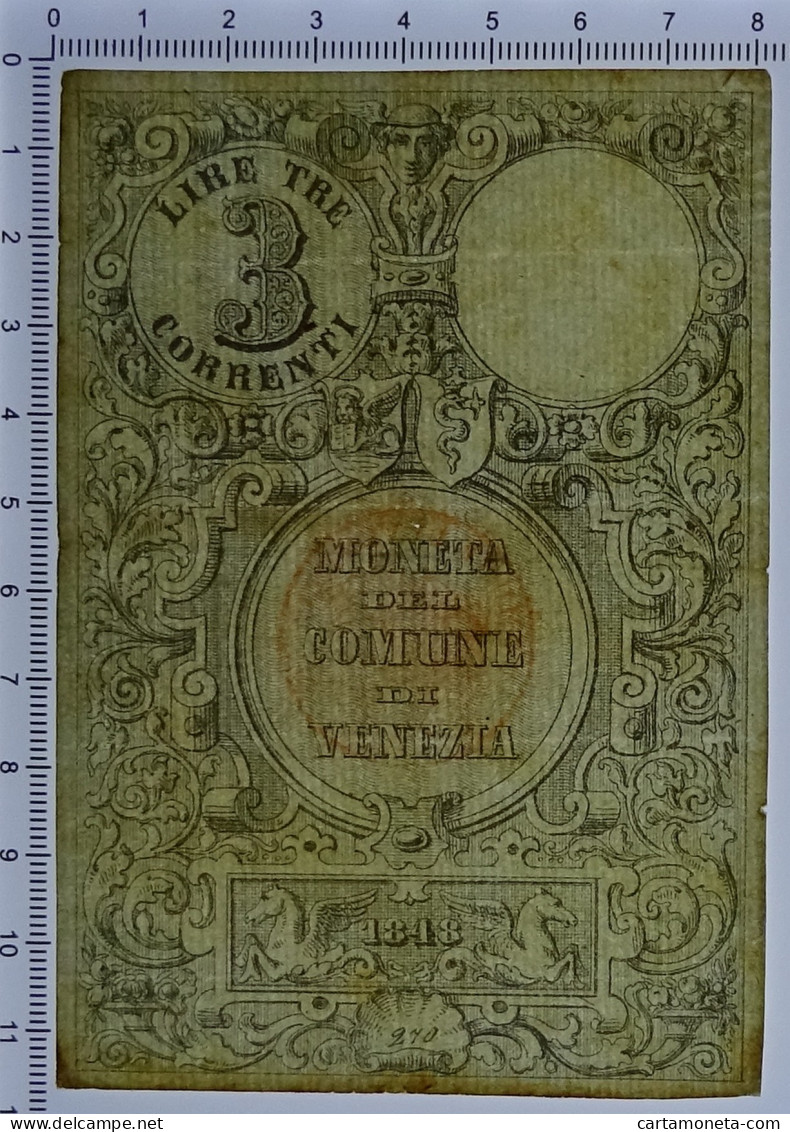 3 LIRE MONETA DEL COMUNE DI VENEZIA 1848 BB/BB+ - Autres & Non Classés