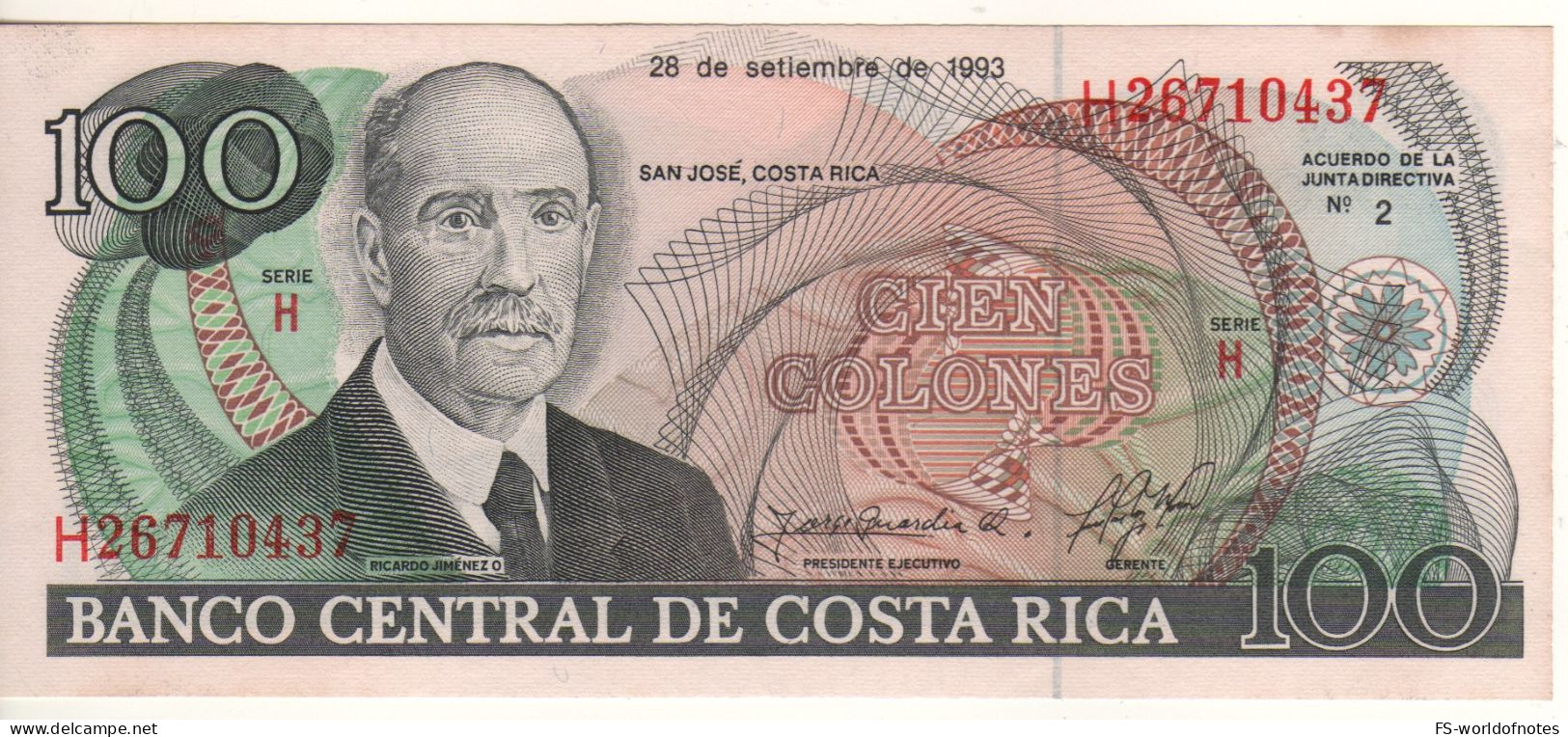 COSTA RICA   100  Colones   P261  Dated  28.09.1993   ( Ricardo Jimenez O. + Supreme Court Of Justice At Back )  UNC - Costa Rica