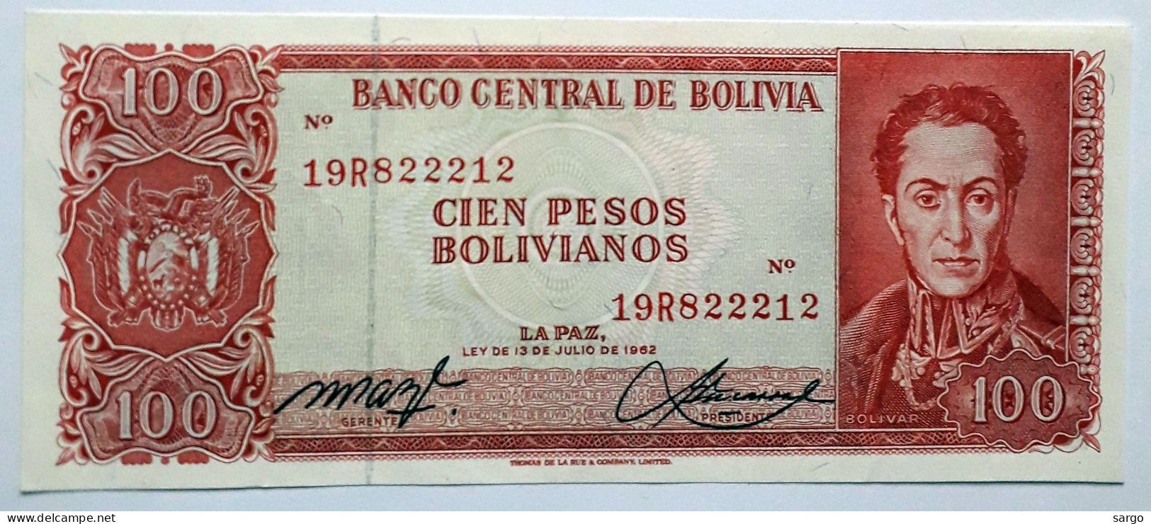 BOLIVIA - 100 PESOS BOLIVIANOS  - P 164  (1962) - UNC - BANKNOTES - PAPER MONEY - CARTAMONETA - - Bolivie