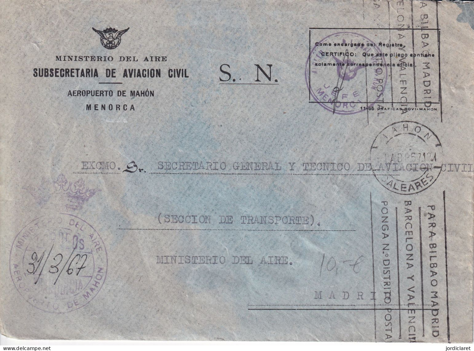 MINISTERIO DEL AIRE    1967   MAHON - Franquicia Militar