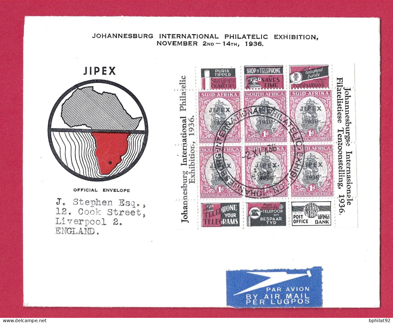 !!! AFRIQUE DU SUD, LETTRE PAR AVION AFFRANCHIE DE L'EXPOSITION PHILATÉLIQUE DE 1936 AVEC MINI-FEUILLET PUBLICITAIRE - Blocchi & Foglietti