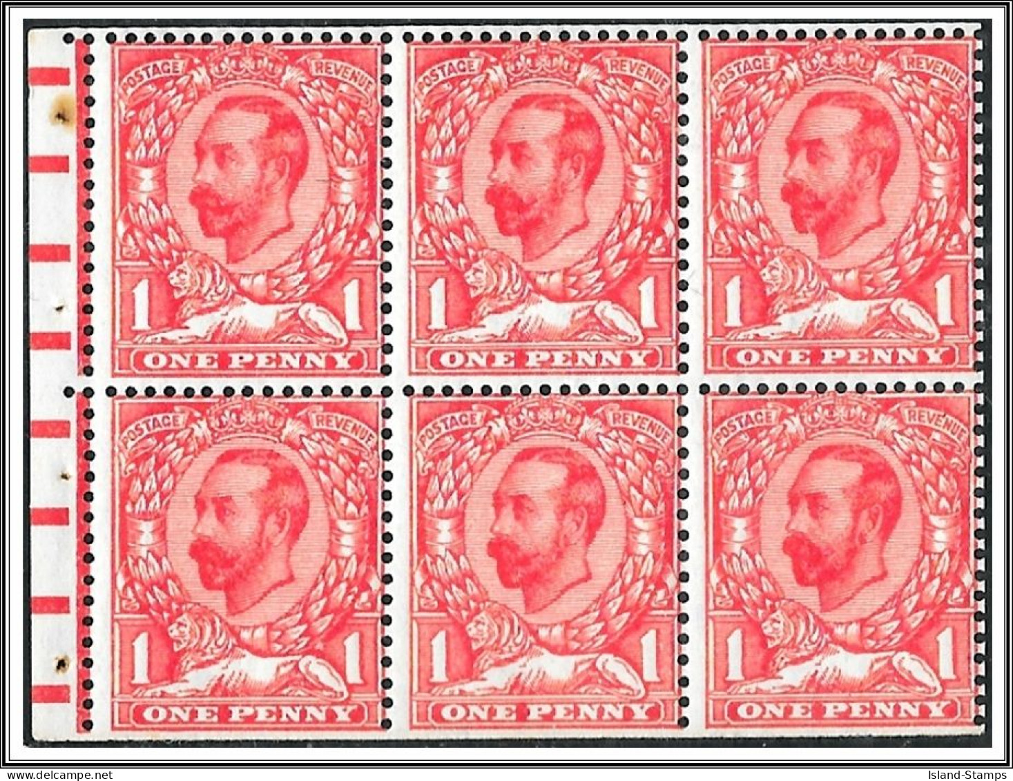 KGV SG336 1912 1d. Scarlet. Die 1B. Wmk Simple Cypher Booklet Pane Of Six. Unmounted Mint - Unused Stamps