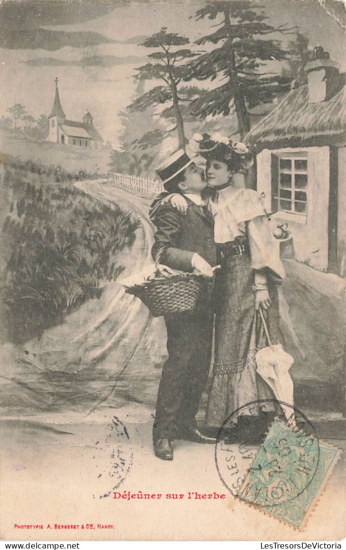COUPLE - Déjeuner Sur L'Herbe - Picnic - Panier - Parapluie - Carte Postale Ancienne - Paare