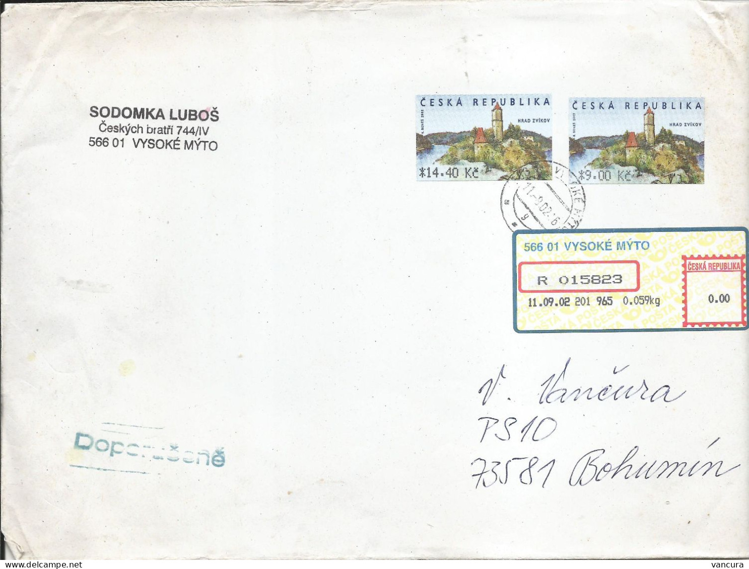 R Envelope Czech Republic Machine Stamp .14.40 And 9 Kc Zvikov - Other & Unclassified