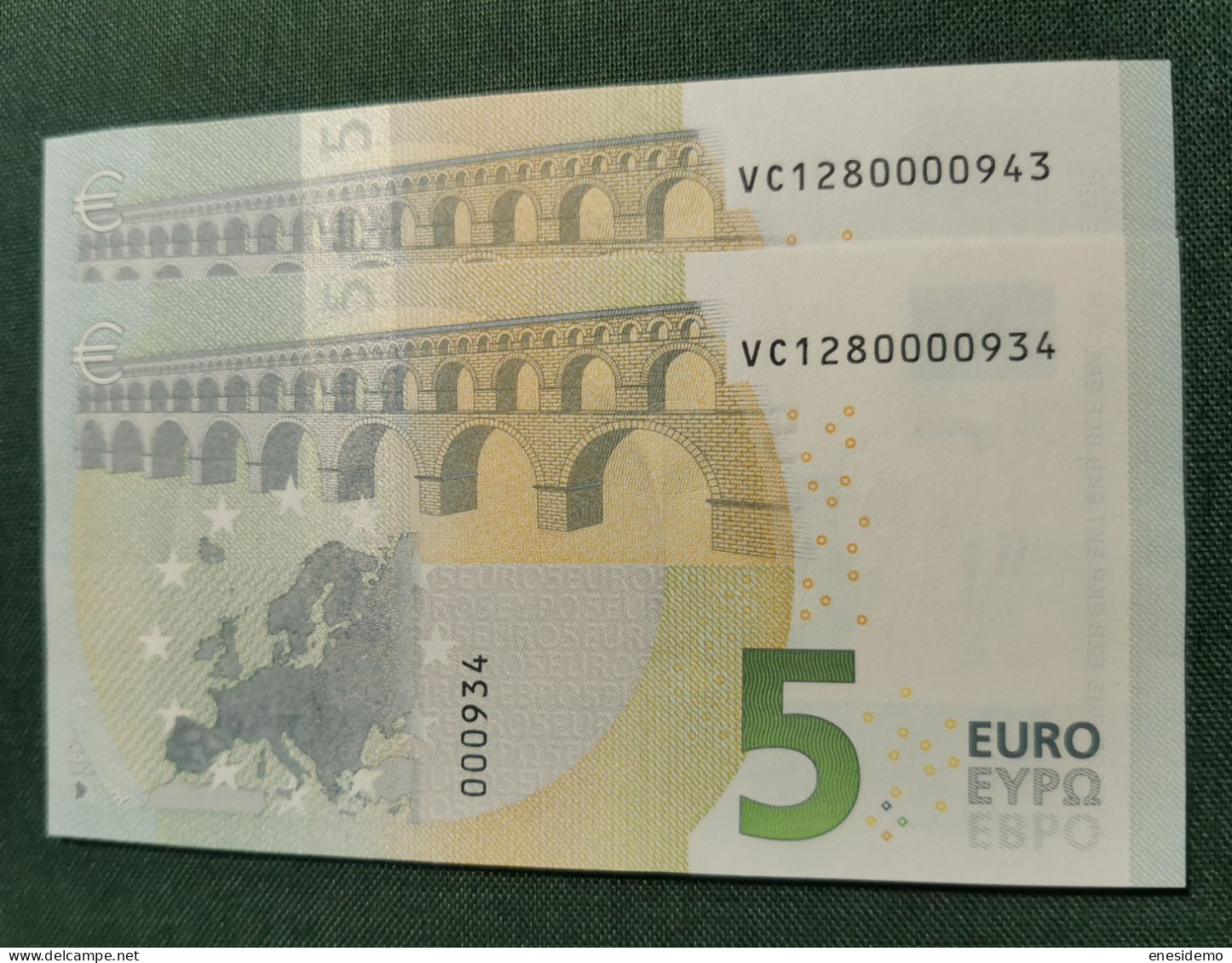 5 EURO SPAIN 2013 LAGARDE V014G2 VC SC FDS CORRELATIVE COUPLE RADAR 2 FOUR CONSECUTIVE ZEROS  UNCIRCULATED PERFECT