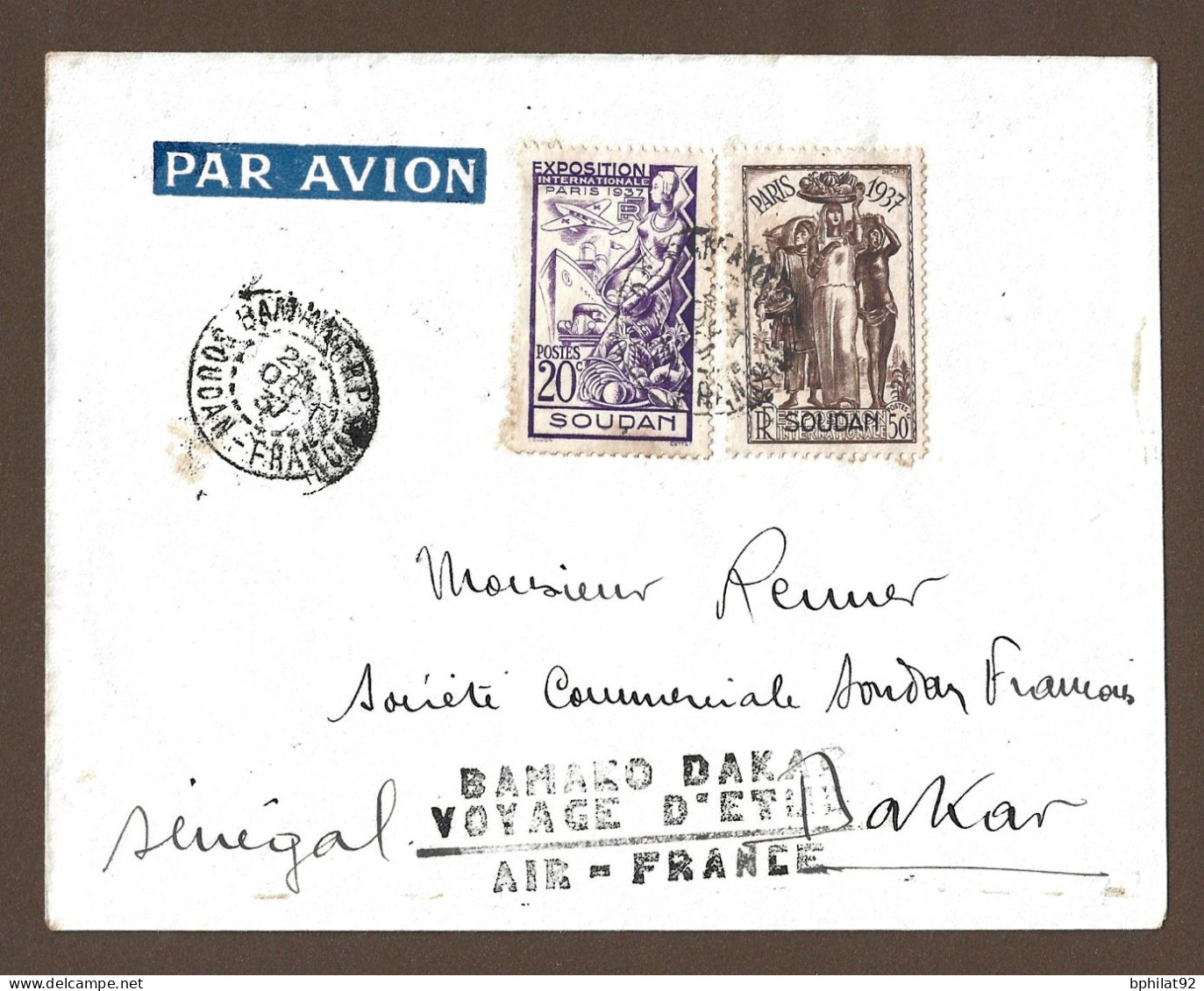 !!! LETTRE PAR AVION, VOYAGE D'ÉTUDE AIR FRANCE BAMAKO/DAKAR, CACHET DE BAMAKO ET DAKAR DE 1937 - Brieven En Documenten