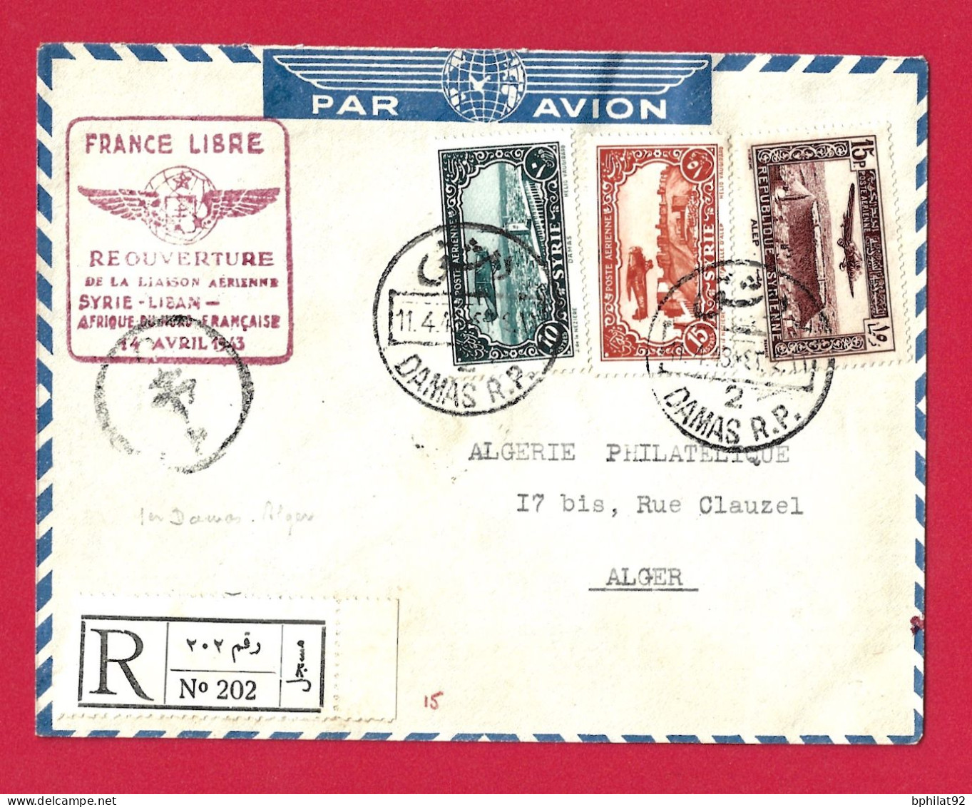 !!! SYRIE, LIAISON AÉRIENNE FRANCE LIBRE SYRIE-LIBAN-AFRIQUE DU NORD, AVEC MARQUE DE CONTRÔLE POSTAL, DE 1943 - Luchtpost