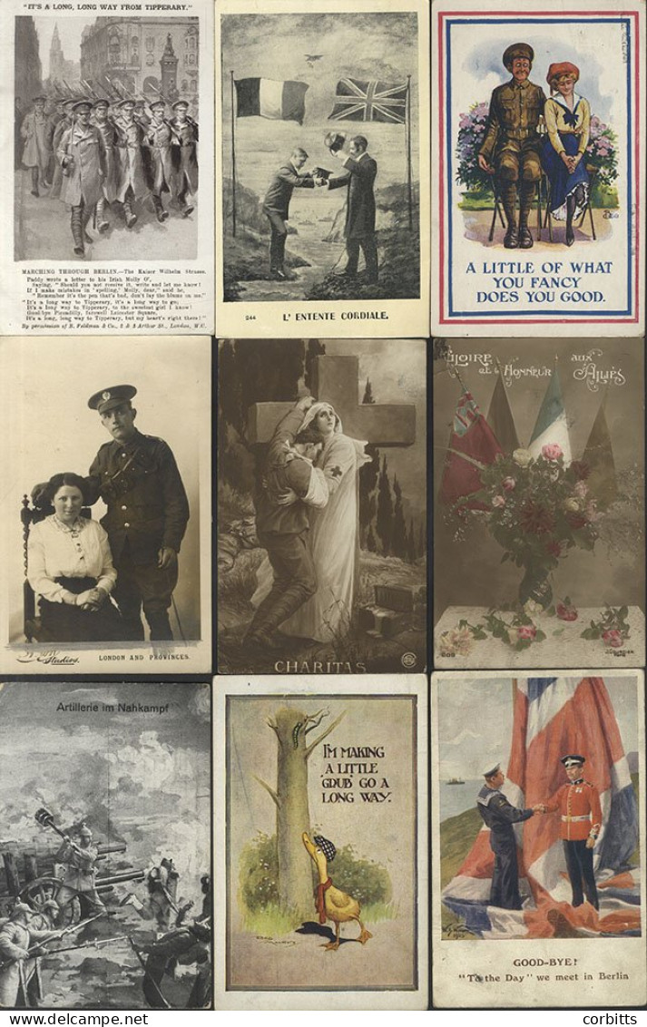 WWI Old Album Of Cards (155) Incl. Embroidered Types, Comic, Submarine, Europe War Ruins, French Cards, Bamforth, RP's I - Non Classés