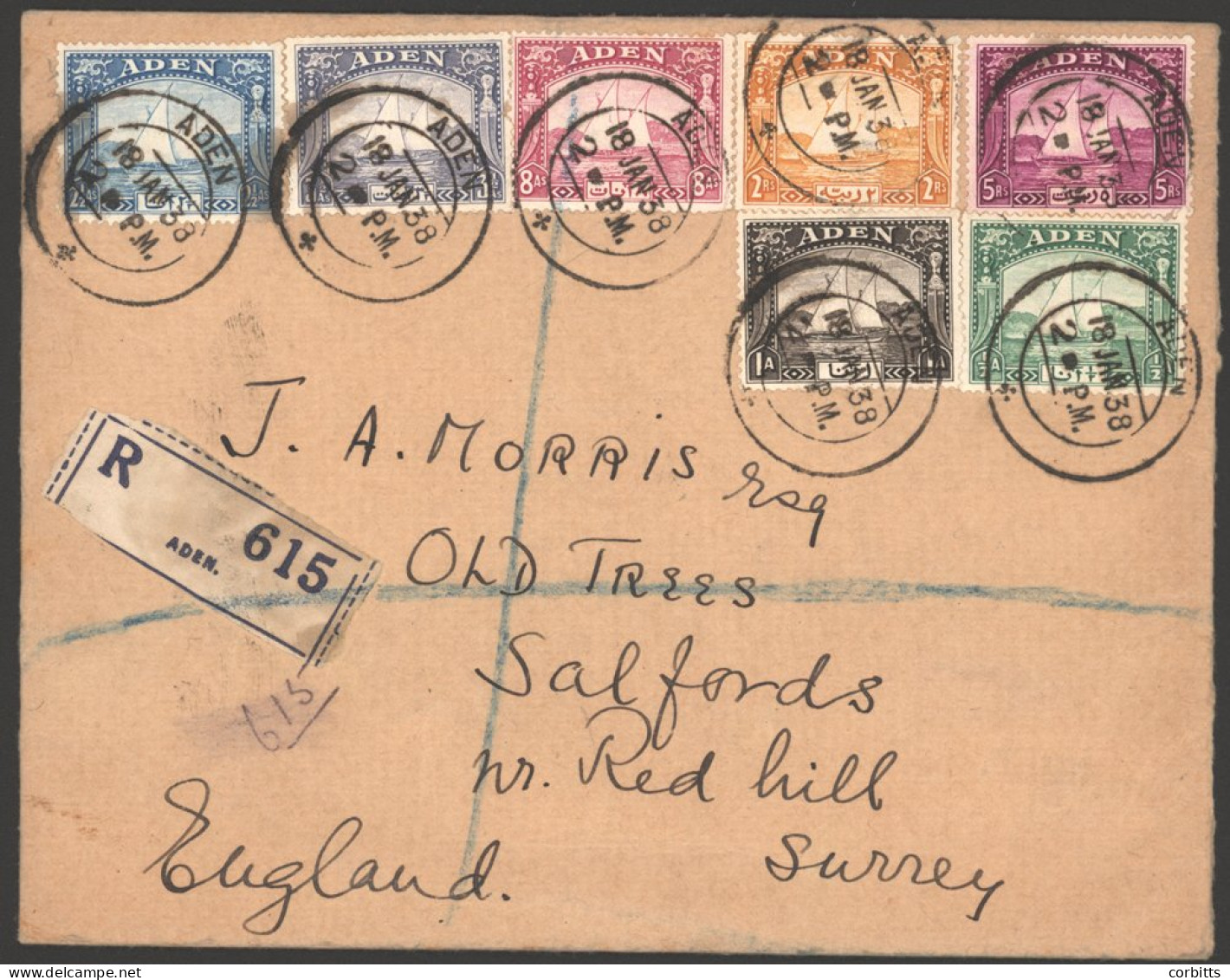 1938 Reg Cover To UK Franked Dhows ½a, 1a, 2½a, 3½a, 8a, 2r & 5r (7 Vals), Tied Aden Double Ring D/stamp For 18.Jan.38.  - Other & Unclassified