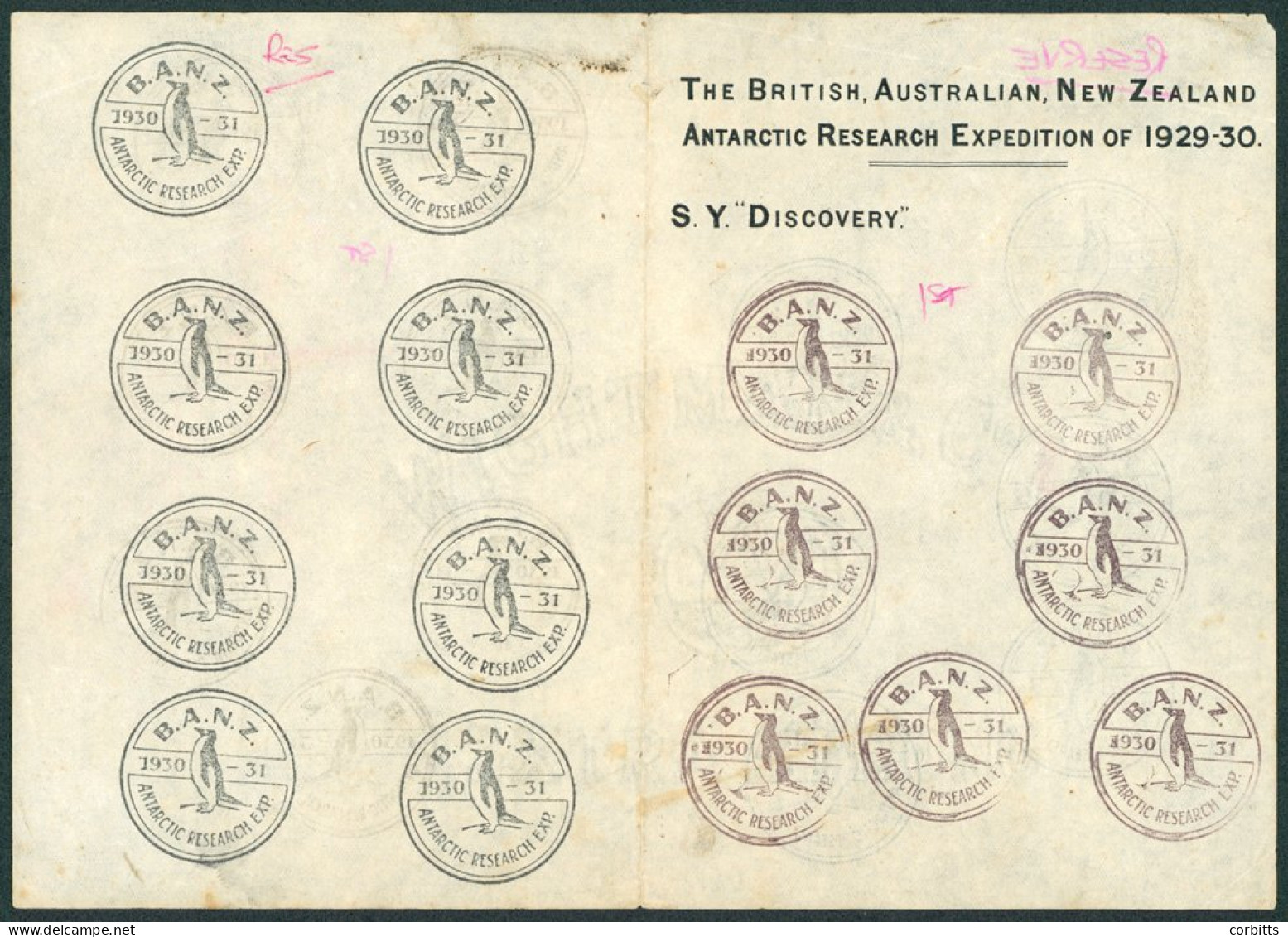 1929-30 Antarctic Expedition Official Notepaper Inscribed The British Australian, New Zealand Antarctic Research Expedit - Otros & Sin Clasificación