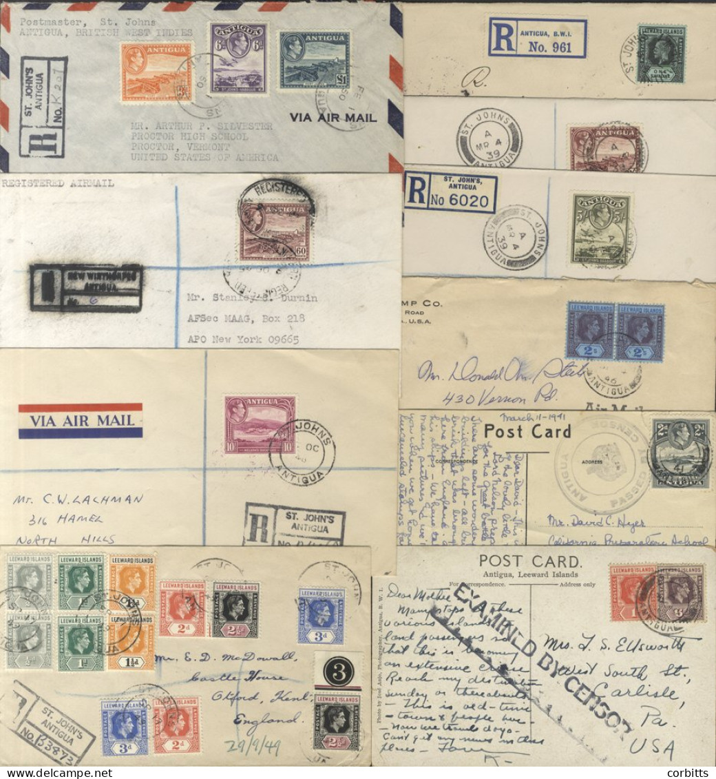 COVERS/CARDS Small KGVI-QEII Group Incl. 1941 PPC To The USA Bearing 2d Grey With Large Circular 'ANTIGUA/(Crown)/PASSED - Other & Unclassified