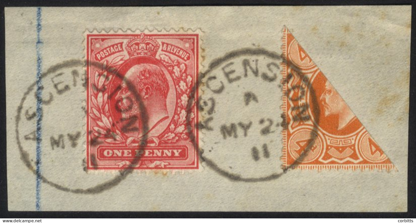 1911 GB KEVII 1d Together With An Unauthorised Bisect Of The 4d Orange On Piece, Tied With Ascension C.d.s's For MY.24.1 - Sonstige & Ohne Zuordnung