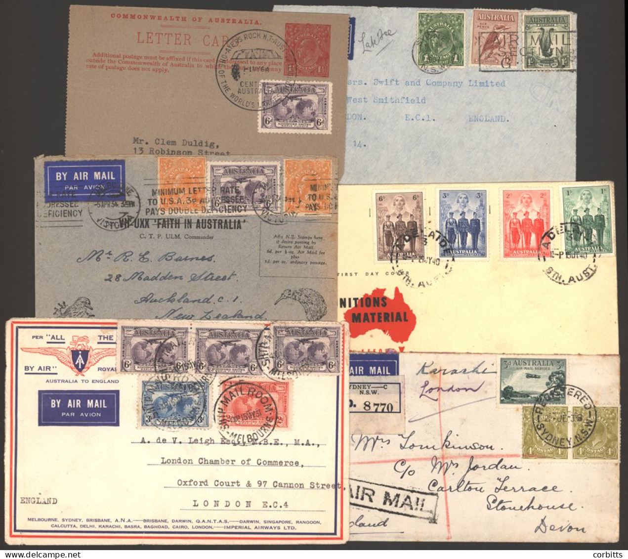 AIRMAILS/FIRST FLIGHTS (6 Covers) Incl. 1931 ANA Illustrated Envelope Flown Melbourne - UK, Franked Kingsford Smith Airs - Other & Unclassified