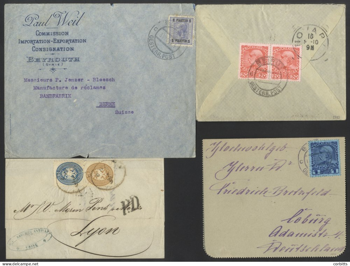 LEVANT 1864 Entire From Udine To Lyon Franked 10s Blue & 15s Brown, 1908-13 Three Covers With Various Frankings, All Tie - Other & Unclassified