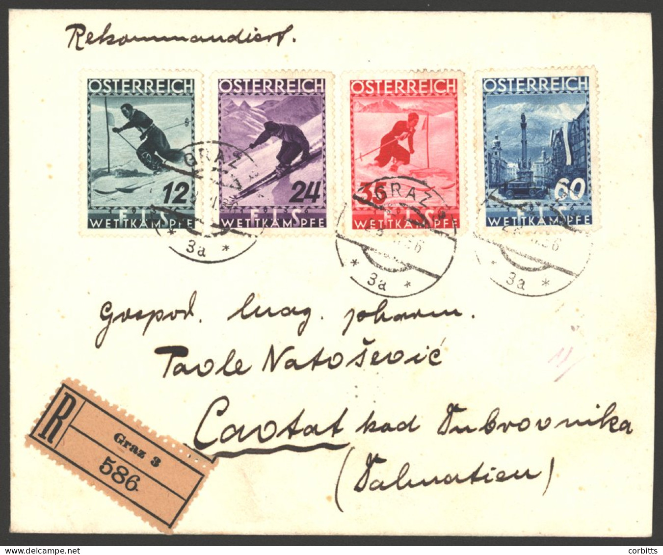 1936 Reg Cover To Dubrovnik Franked Ski Championship Fund Set, SG.788/91, Tied 'Graz' D/stamps For 23rd.Feb.1936 (stamps - Altri & Non Classificati