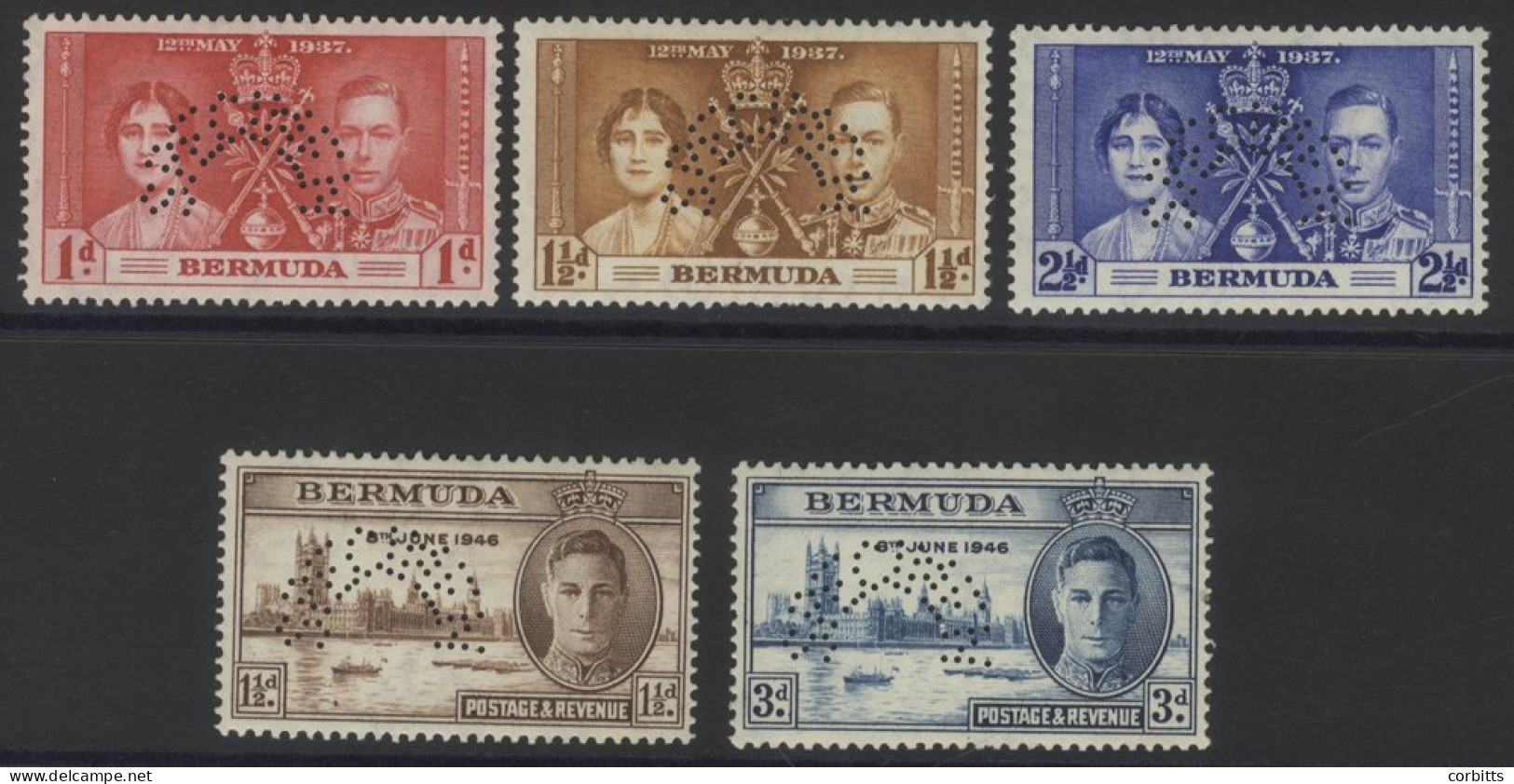 1937 Coronation Set & 1946 Victory Set Perf SPECIMEN, Fine M, SG.107s/9s & 123s/4s, Cat. £385 (5) - Other & Unclassified