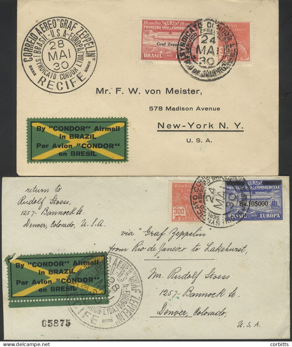 1930 Condor Flown Covers (2) From Brazil To USA, Each With BRAZIL - USA - EUROPE Cachet. - Altri & Non Classificati