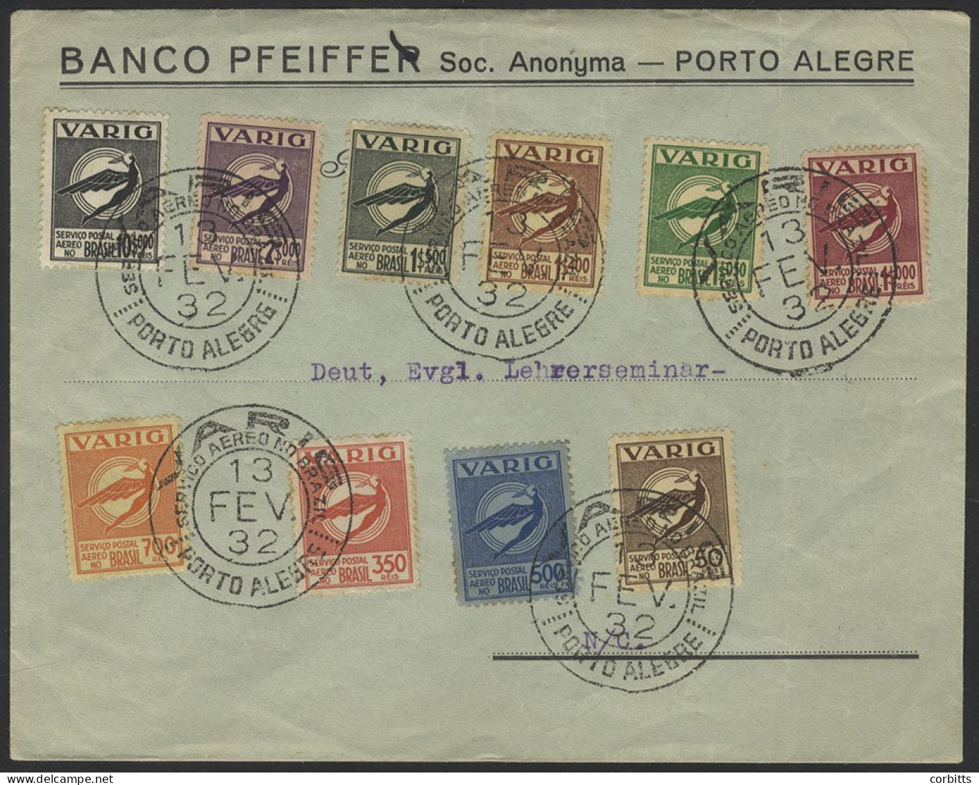 1932 'Varig' Airmail Cover From Porto Alegre, Franked With 10 Different Value Stamps Of The Brazilian Airline (50-10,000 - Sonstige & Ohne Zuordnung