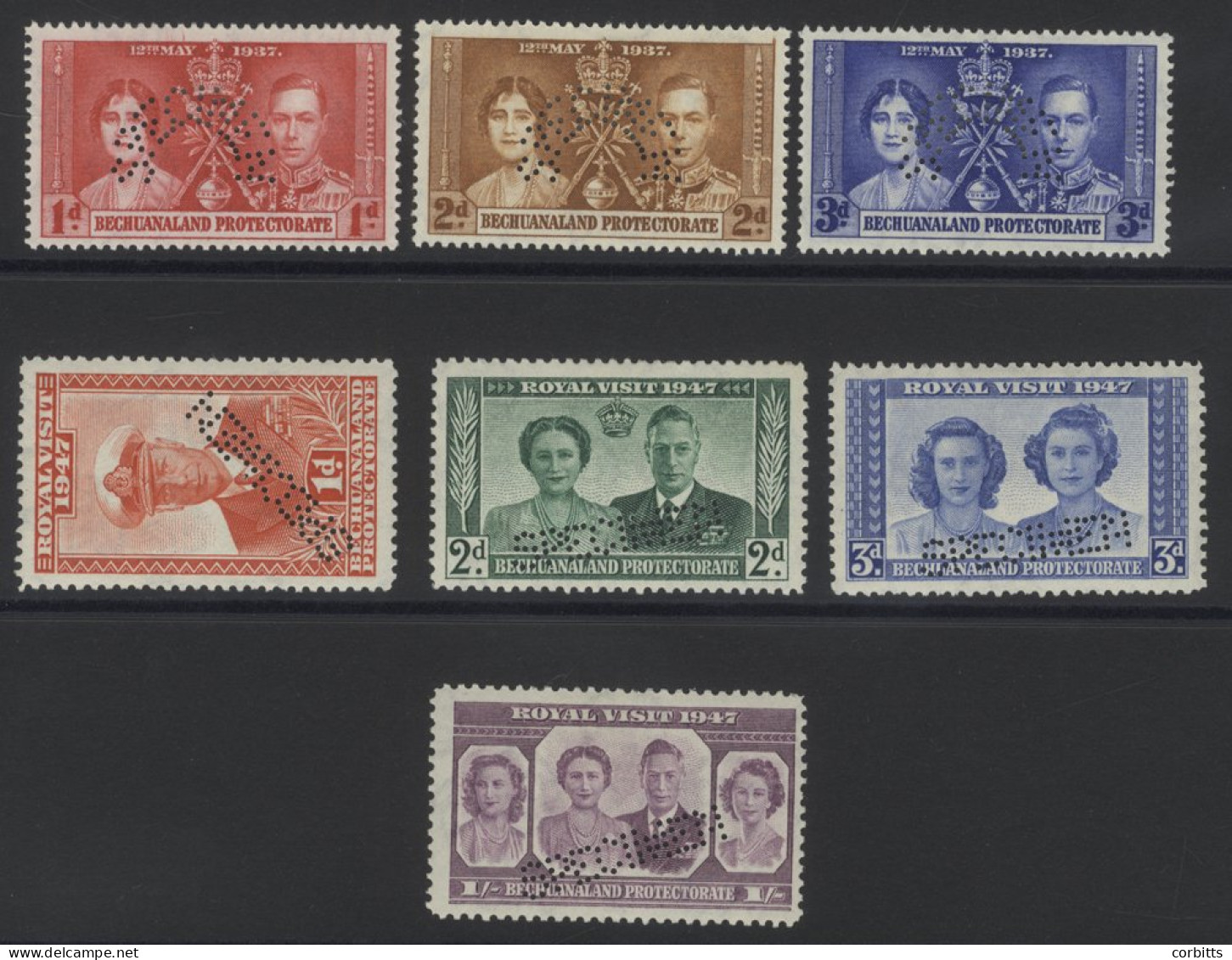 1937 Coronation Set & 1947 Royal Visit Set Perf SPECIMEN, Fine M, SG.115s/117s & 132s/135s, Cat. £290 (7) - Autres & Non Classés