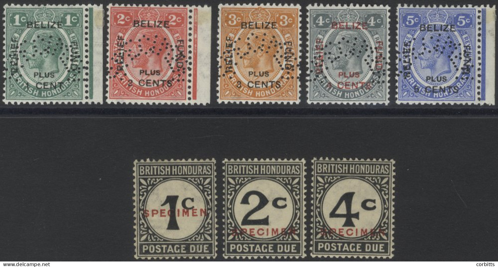 1932 Belize Relief Fund Set Perf SPECIMEN, Fine M, SG.138s/142s, 1923-24 Postage Due Set Optd SPECIMEN, M, SG.D1s/4s, Ca - Sonstige & Ohne Zuordnung