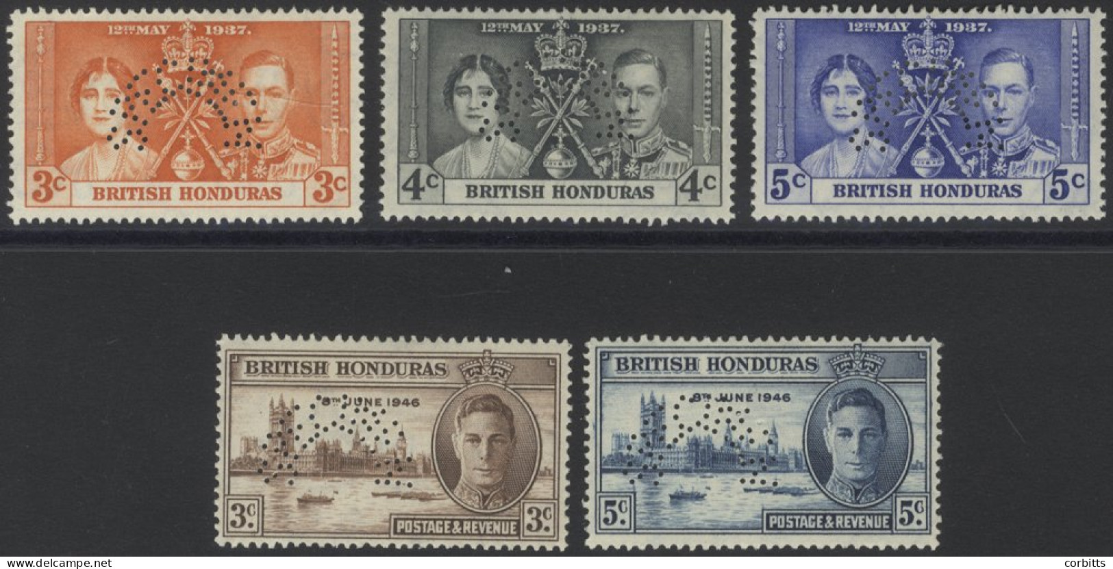1937 Coronation & 1946 Victory Sets, Both Perf SPECIMEN, Fine M (hinge Remnants) SG.147s/9s, 162s/3s, Cat. £200 (5) - Autres & Non Classés
