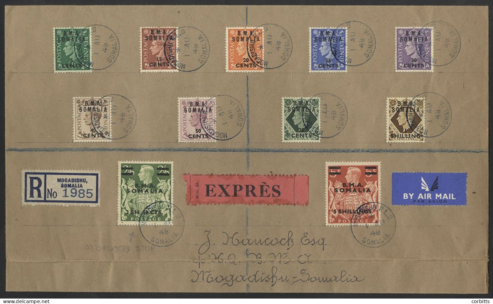 SOMALIA 1948 5c To 5s Set Of 11 Vals Used Together On Express Registered Local Cover, All Neatly Tied 'Mogadishu R.L.D'  - Autres & Non Classés