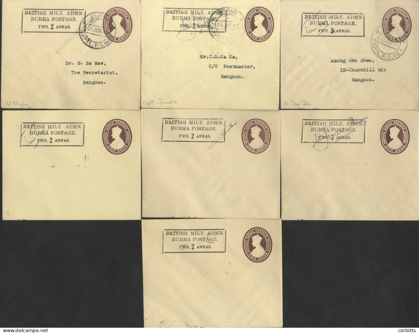 BRITISH MILITARY ADMIN Postal Stationery 1945 1a Brown Envelope With Boxed H/stamp Alongside, Comprising Used (3) & Unus - Autres & Non Classés